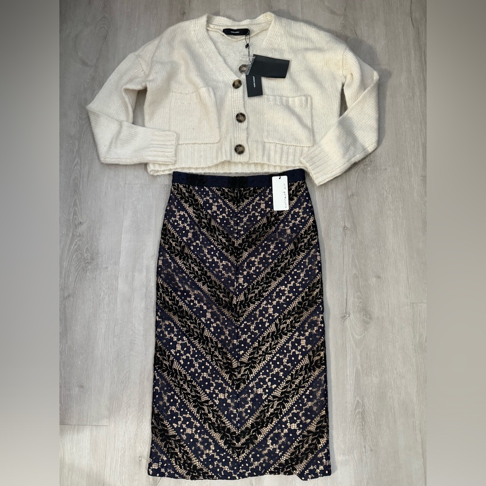 NWT! Vero Moda Off White Sweater (S) + Current Air Navy Vintage Lace Skirt (XS)